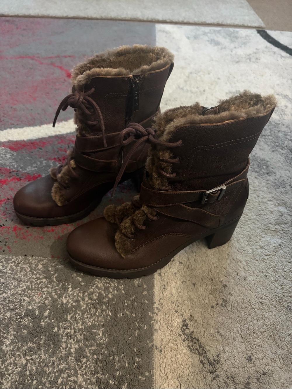 UGG Brown Faux-Fur Lace-Up Heeled Ankle Boots